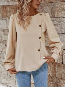 SHEIN LUNE Enfärgat Knappdetalj Puff Ärm Blusar - Aprikos - Visa 4