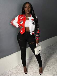 Slaydiva Text & Color Blocking Baseball Jacket In Fall/Winter - Multicolor - View 4