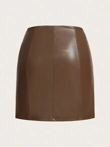 SHEIN Privé Split Hem PU Leather Skirt - Coffee Brown - View 2