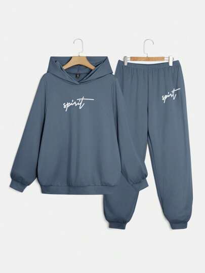 SHEIN EZwear Plus Letter Graphic Hoodie & Sweatpants