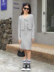 Tween Girl Solid Button Front Tee & Cami Dress - Grey - View 3