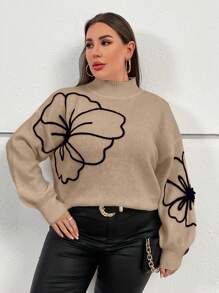 SHEIN Privé Plus Size 3d Flower Stand Collar Drop Shoulder Pullover Sweater, For Winter - Khaki - View 5