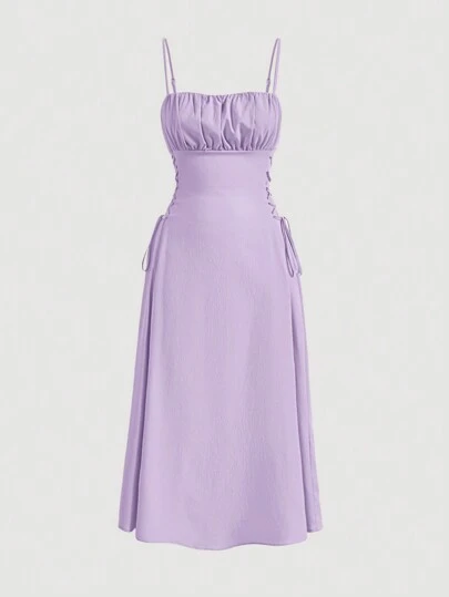 SHEIN MOD Solid Ruched Bust Lace Up Side Cami Dress,Pastel Dresses For Women,Lavender Dress