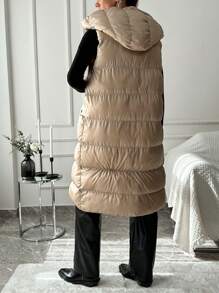 RueChic Solid Color Sleeveless Hooded Padded Coat - Beige - View 2