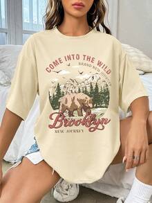 SHEIN EZwear Mountain & Slogan Graphic Drop Shoulder Tee - Khaki - View 3