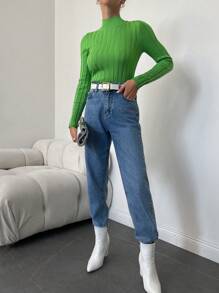 SHEIN Cottnline Mock Neck Ribbed Knit Sweater - Green - View 3