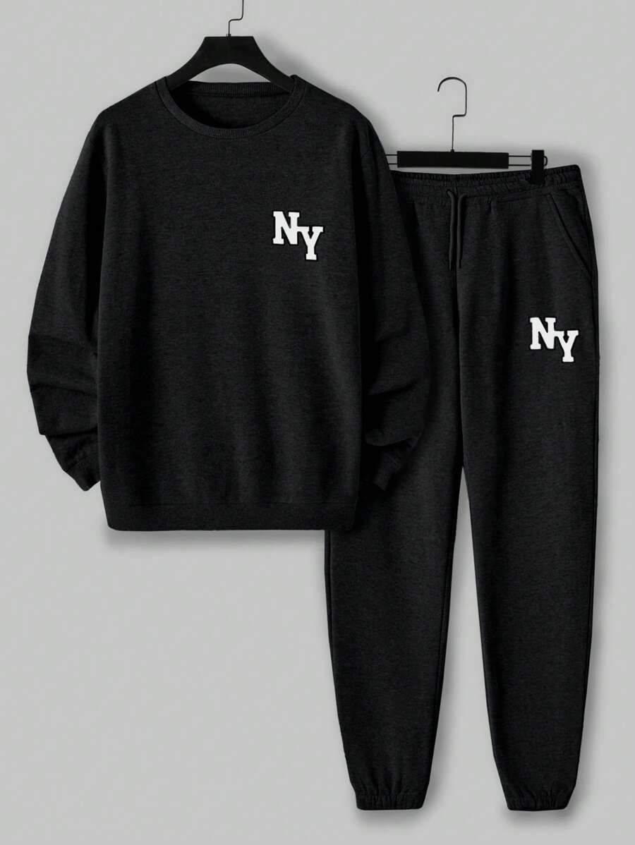 EURMUSE Cotton Men's Solid Color Minimalist Letter Printed Two Pieces Set - Black - View 1