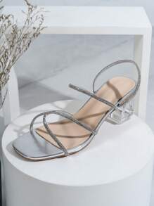 春夏时尚高跟凉鞋，饰有水晶和玻璃水钻，适合女性休闲户外穿着，情人节礼物 - 銀色 - 查看 4