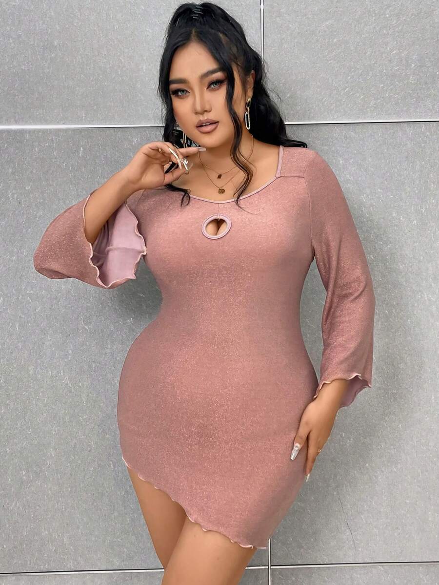 Allurite Talla grande Vestido ajustado con abertura delantera ribete en forma de lechuga - Rosa - Ver 1