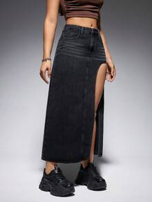SHEIN EZwear Split Thigh Denim Skirt - Black - View 5