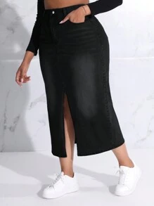 SHEIN SXY 大碼高腰高衩牛仔半身裙 - 黑色 - 查看 3