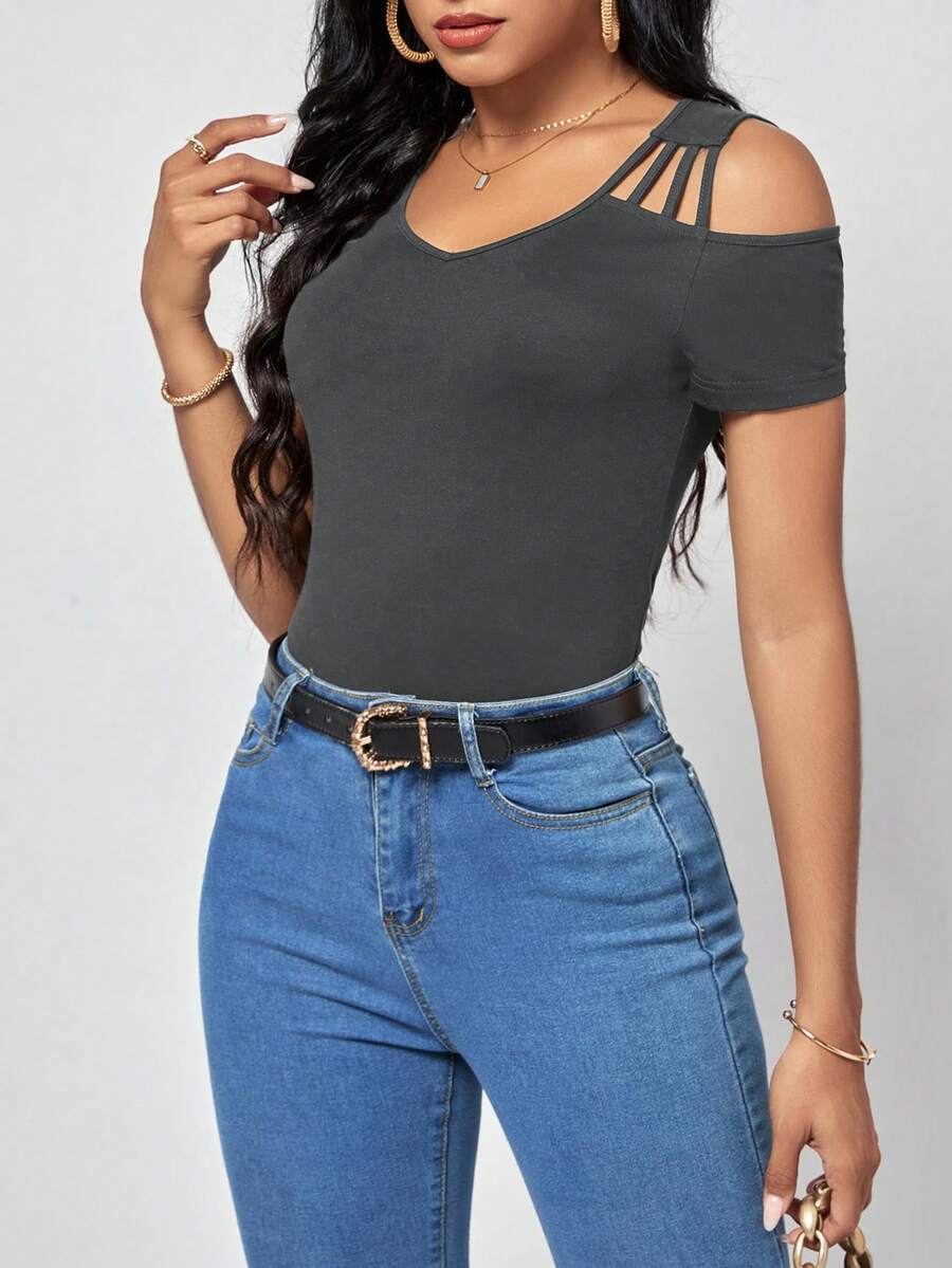 SHEIN Clasi Chất rắn Cắt ra Vai lạnh Áo thun - Xám - Xem 1