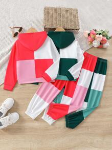 SHEIN Tween Girl 2pcs Colorblock Hooded Sweatshirt & 2pcs Sweatpants