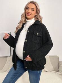 SHEIN 孕妇落肩翻盖口袋泰迪外套，适合冬季 - 黑色 - 查看 4