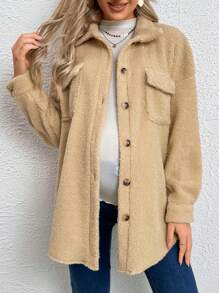 SHEIN Maternity Flap Pocket Drop Shoulder Teddy Coat - Apricot - View 1