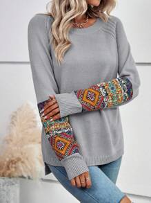 SHEIN LUNE Geo Pattern Raglan Sleeve Knit Pullover Fall Winter Sweater - Grey - View 3