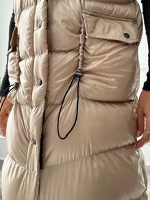 RueChic Solid Color Sleeveless Hooded Padded Coat - Beige - View 5