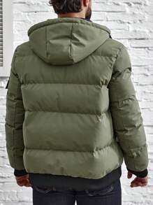 Manfinity Homme 宽松版型男士翻盖口袋抽绳连帽棉服时尚泡泡大衣，适合秋冬