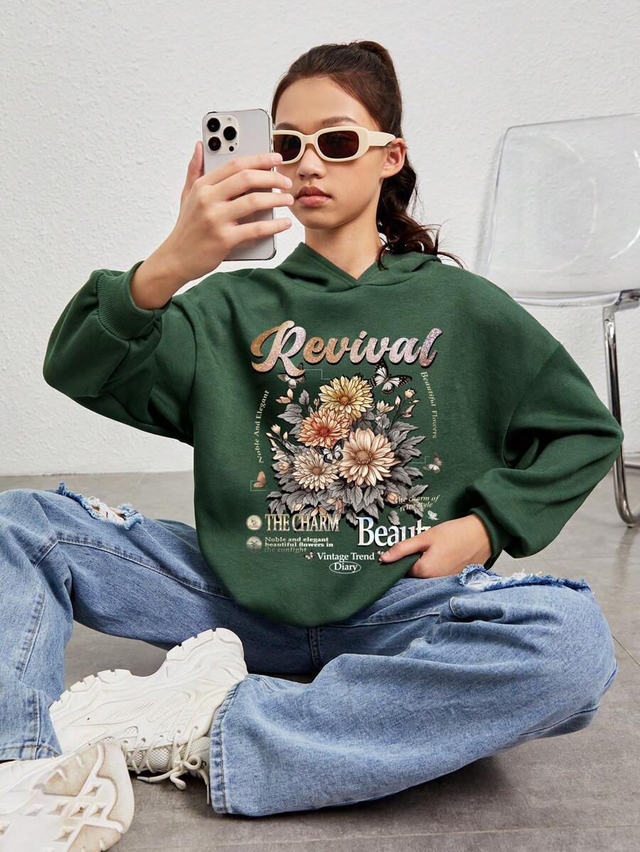 Teen Girl Slogan & Floral Print Drop Shoulder Sweatshirt - Army Green - View 1