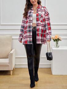 SHEIN Essnce 大碼格紋印花翻蓋口袋落肩袖襯衫 - 紅色 - 查看 3