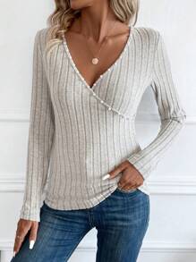 Pearls Beaded Surplice Neck Ribbed Knit Tee - Khaki - View 4