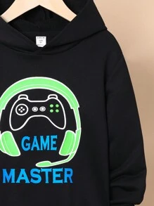 SHEIN Tween Boy Reflective Gamepad & Letter Graphic Hoodie - Black - View 6