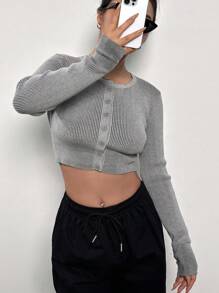 SHEIN EZwear Đồ đan Ribbed Nút phía trước Cắt sửa áo lông cừu - Xám - Xem 5