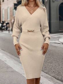 EMERY ROSE 交疊領蝙蝠袖鏈條細節鏤空露背毛衣洋裝 - 杏色 - 查看 6