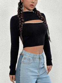 SHEIN Unity Áo len crop top dệt kim phối viền tương phản, khoét phía trước, thích hợp cho mùa thu đông. - màu đen - Xem 3