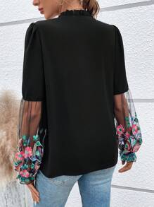 SHEIN LUNE Embroidered Mesh Splice Floral Lace Sleeve Tie Neck Blouse Fall Cloth For Women - Black - View 2