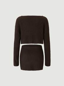 SHEIN Unity Falda tejida con suéter de hombros caídos - Café integral - Ver 2