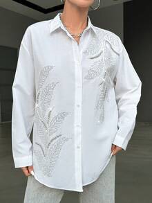 EURMUSE Hoa văn lá Thả vai Lỏng lẻo Áo sơ mi - trắng - Xem 4