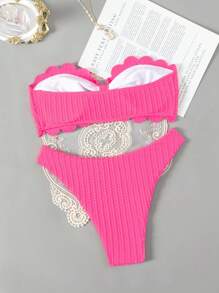 Swim Mod 女士甜心領削減高腰比基尼套裝 - 粉色 - 查看 2