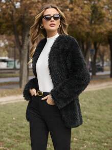 SHEIN Frenchy Open Front Fuzzy Coat - Black - View 4