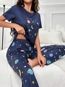Conjunto de pijama con estampado de galaxia - Azul - Ver 3