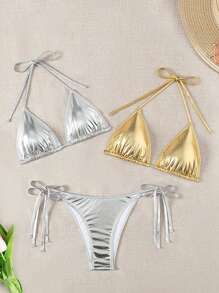 女用金屬質感布料掛脖比基尼套裝(3 件) - 彩色 - 查看 1