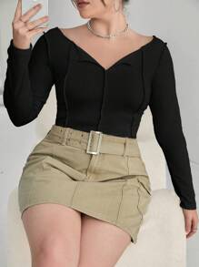 SHEIN Essnce Plus Solid Seam Detail Tee - Black - View 1