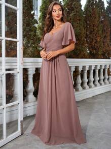 Sweetheart Neck Butterfly Sleeve Chiffon Bridesmaid Dress - Dusty Pink - View 4