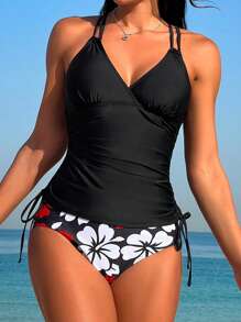 Swim Lushoire Summer Beach Floral Print Drawstring Side Tankini Swim Wear For Women - Multicolor - View 3