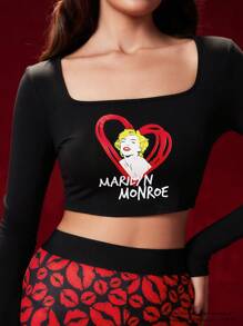 Marilyn Monroe X SHEIN Celebrity Lips Monogram Short T-Shirt And Flared Pants Set - Black - View 7