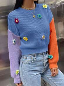 SHEIN Unity Colorblock Floral Appliques Drop Shoulder Knit Pullover Fall Winter Sweater - Blue - View 5