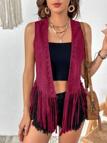 SHEIN VCAY 鏤空流蘇下擺開門襟夾克背心 - 酒紅色 - 查看 1