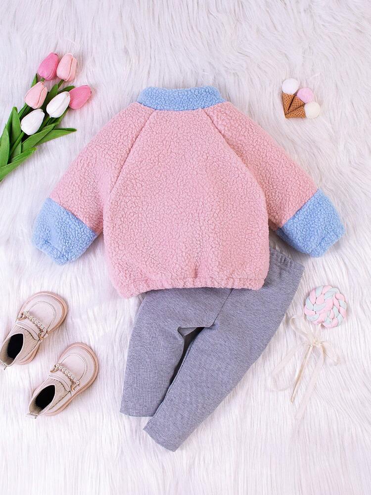 2pcs Baby Girls' Color-block Fleece Pullover And Solid Knit Pants