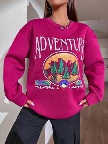 SHEIN Unity Xương rồng & Đồ họa Chữ cái Thả vai Áo nỉ - Màu tím - Xem 4