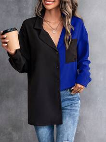 SHEIN LUNE 休閒口袋 前紐扣撞色女士襯衫 - 藍色 - 查看 5