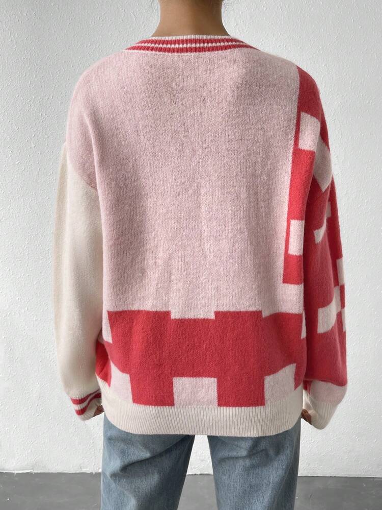 Geo Pattern Colorblock Drop Shoulder Striped Trim Knit Pullover Fall Winter Sweater