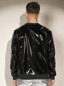 FeverCity 男士 PU 皮革纯色长袖纯色时尚运动衫，适合派对 - 黑色 - 查看 8