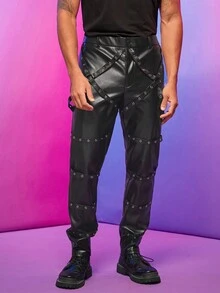 FeverCity Nam Thùa khuyết Chi tiết chất liệu da PU Quần - màu đen - Xem 4