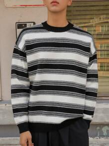 DAZY Men Striped Pattern Drop Shoulder Sweater Fall,Winter - Black and White - View 6