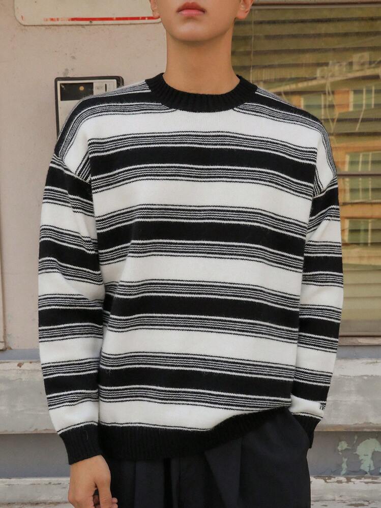 DAZY Men Striped Pattern Drop Shoulder Sweater Fall,Winter - Black and White - View 6